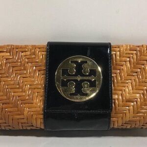 Women’s Tory Burch Woven Clutch Bag With Black Patent Leather